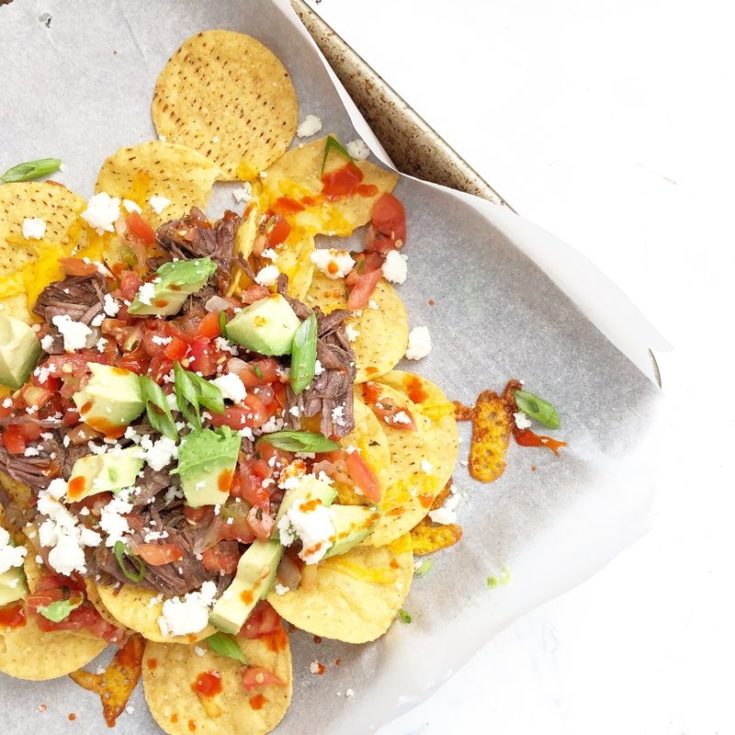 Beef nachos on a sheet pan