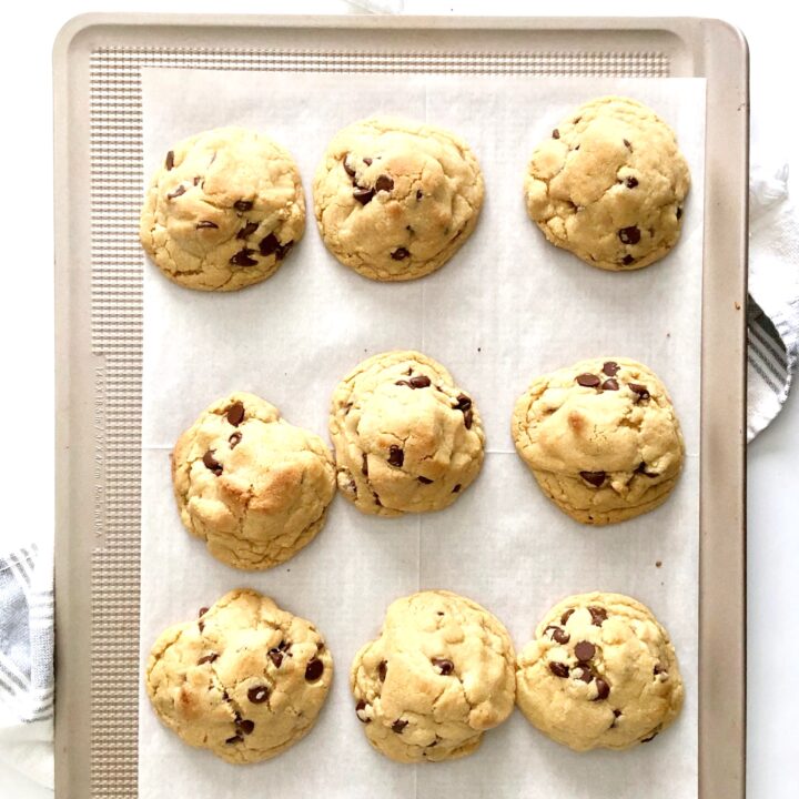 chocolate chip cookies on sheet pan