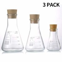 Young4us Glass Erlenmeyer Flask Set, (250 ml, 150 ml & 50 ml) Graduated Borosilicate Glass Erlenmeyer Flasks with Rubber Stoppers & Accurate Scales for Lab, Experiment, Chemistry, Science Studies etc