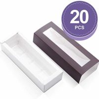 BAKIPACK Truffle Boxes, Chocolate Boxes, Candy Box Packaging with 4-Piece Plastics Tray（Tray Size with 5.75x1.25 Inches), Pull Out Packing with Clear Window Sleeves, Dark Brown 20 PCS
