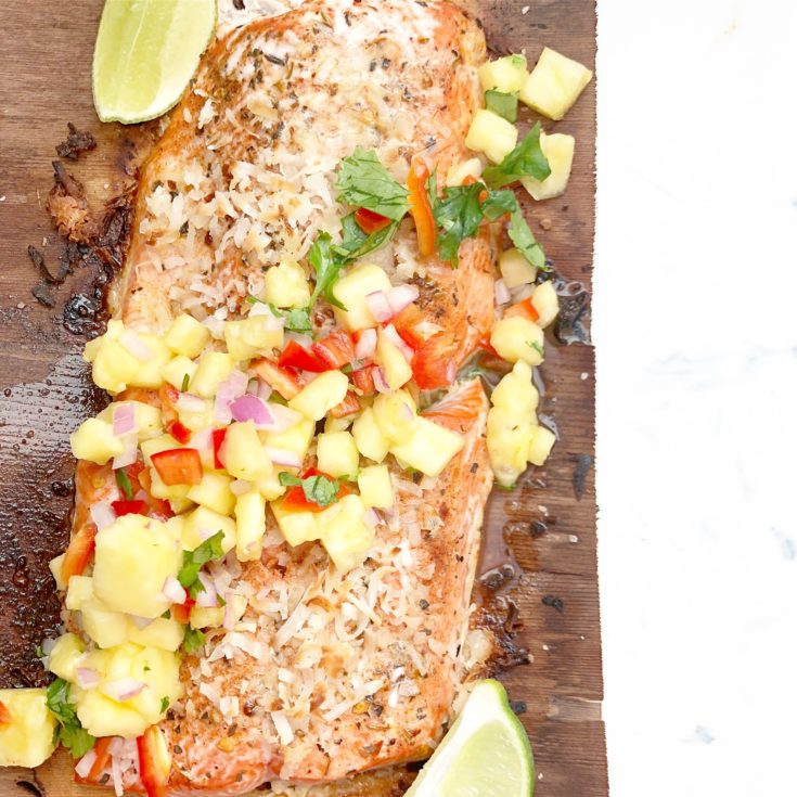 cedar plank salmon with mango salsa