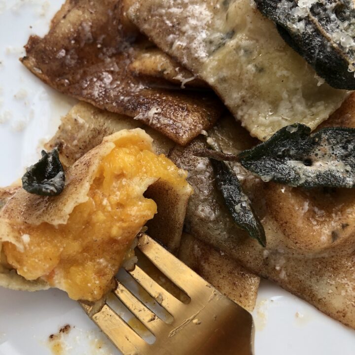 butternut squash ravioli on fork