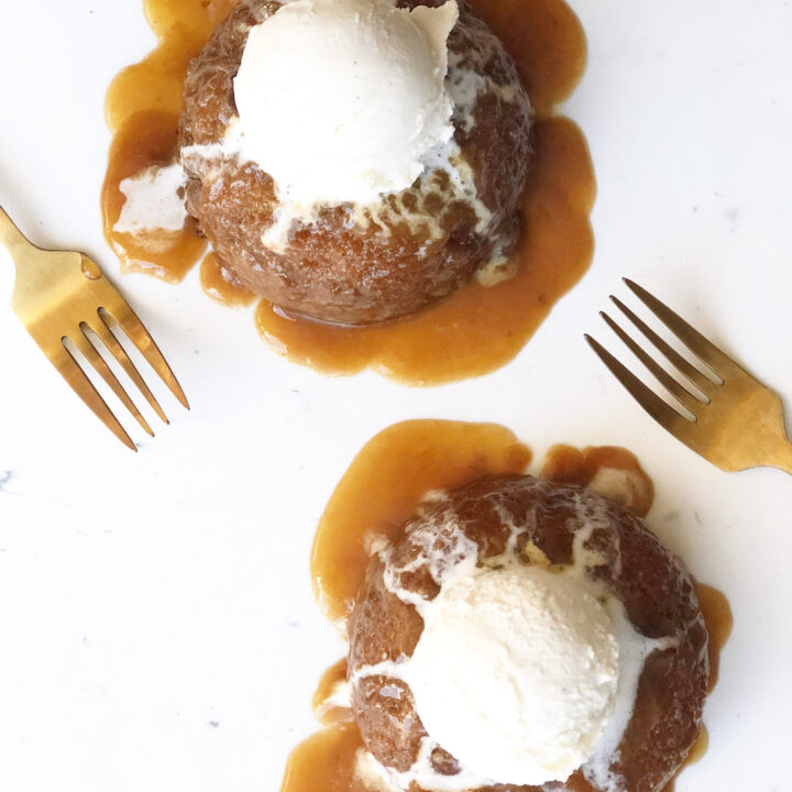 sticky toffee pudding with two forks