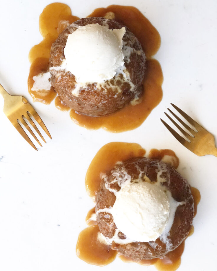 sticky toffee pudding with two forks