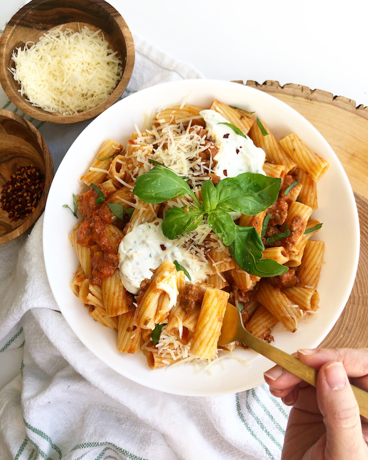 Rigatoni Bolognese with Herby Whipped Ricotta