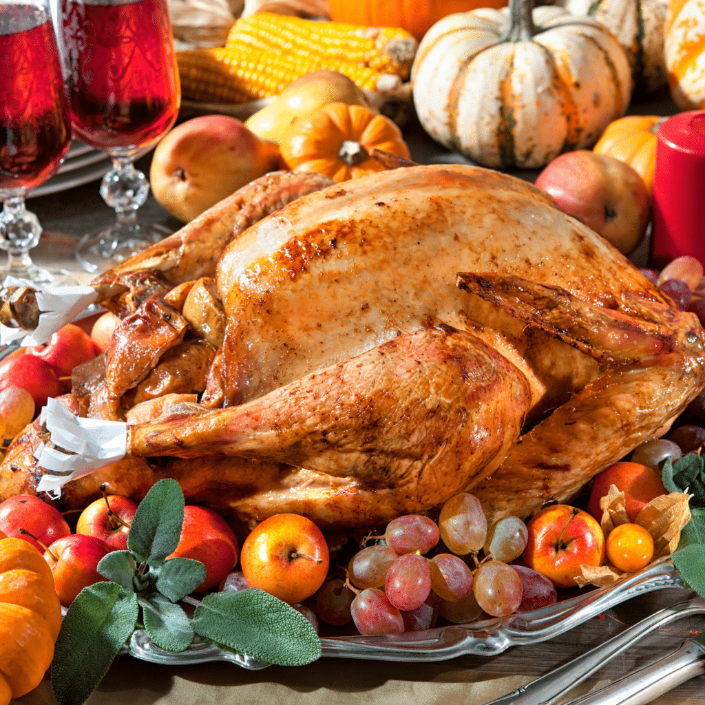 thanksgiving turkey on platter with fruit