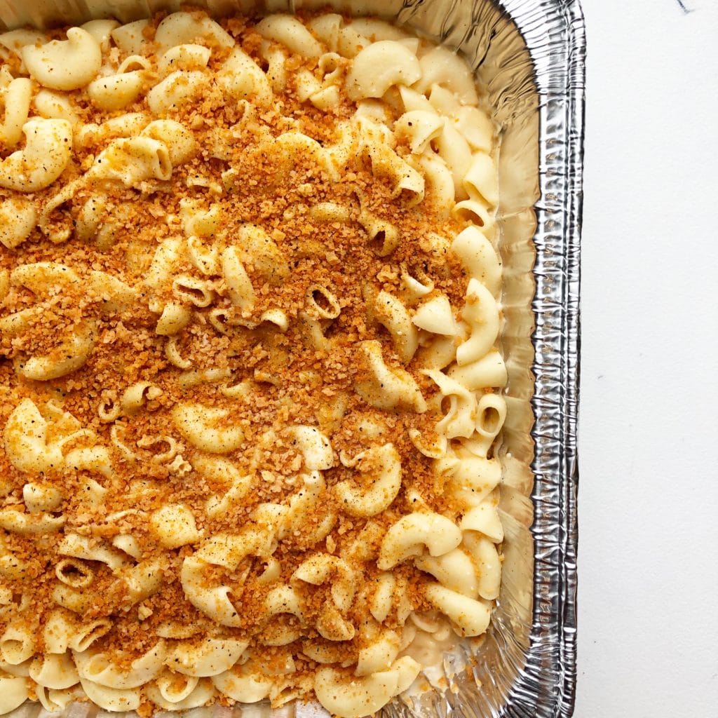 macaroni and cheese in a foil tray