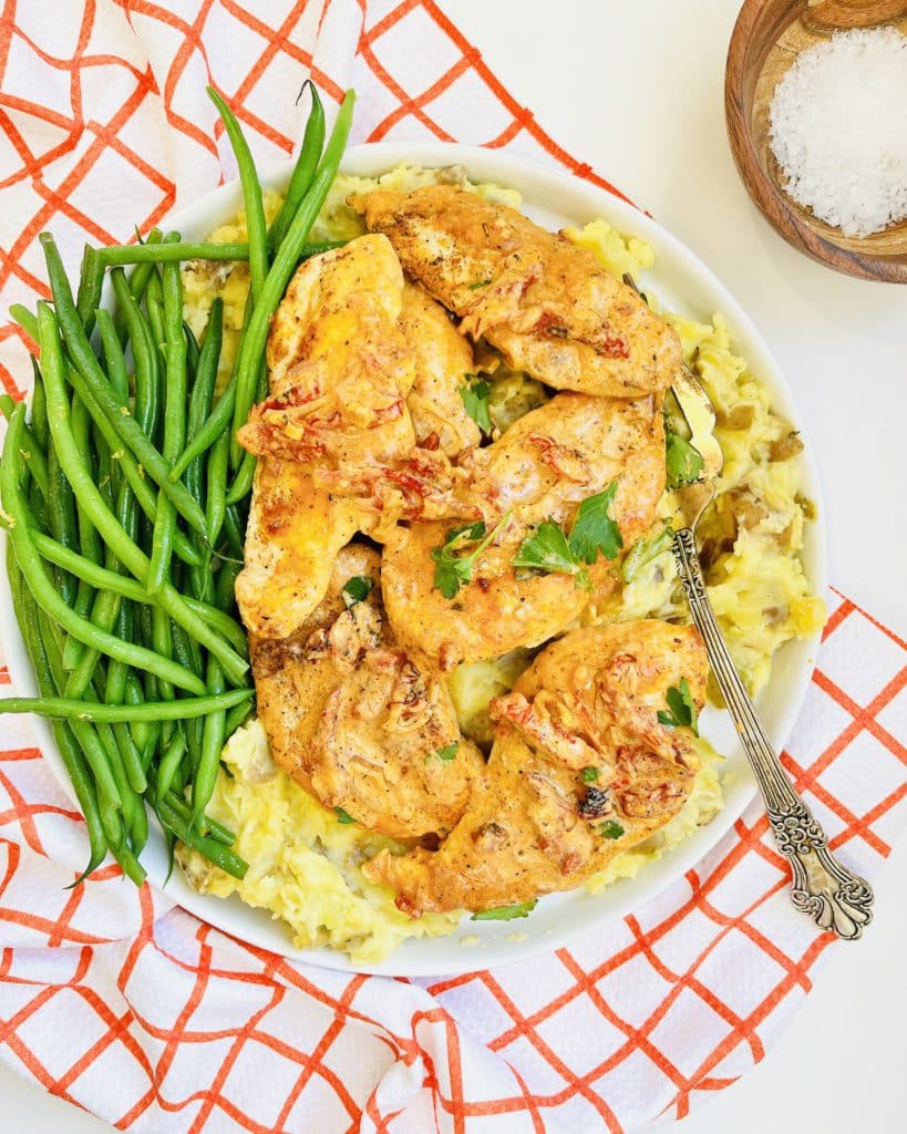 gluten free marry me chicken with mashed potatoes and green beans